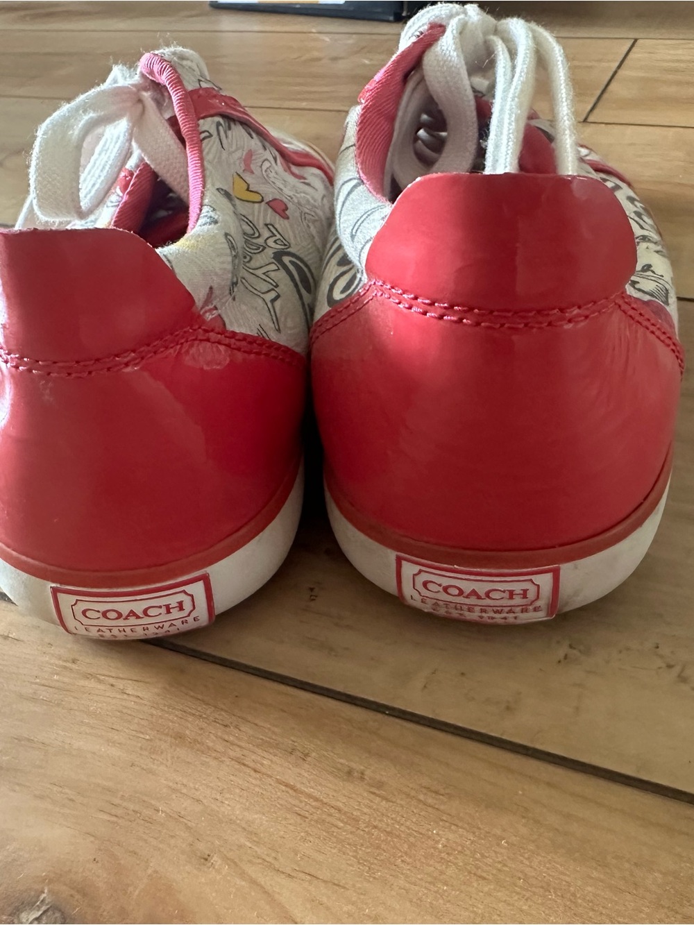 Coach White Canvas Sneakers with Pink Trim and Multicolor Doodle Print - Picture 2 of 4